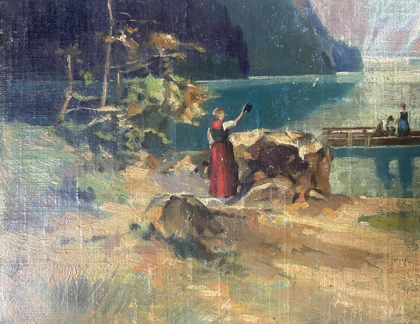Oil painting by Albert Jean Adolphe: woman in red skirt waves from rocky shore to boat