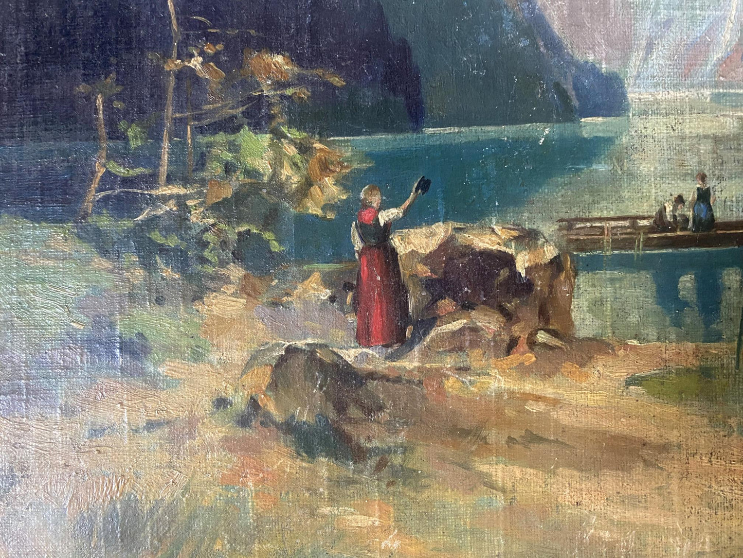 Oil painting by Albert Jean Adolphe: woman in red dress waves by mountain lake