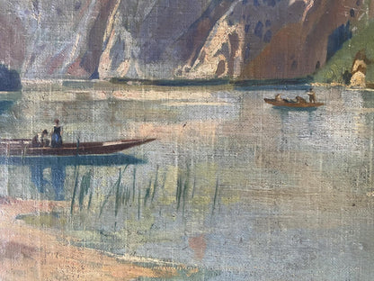 Serene oil painting by Albert Jean Adolphe: rowboats on calm mountain lake