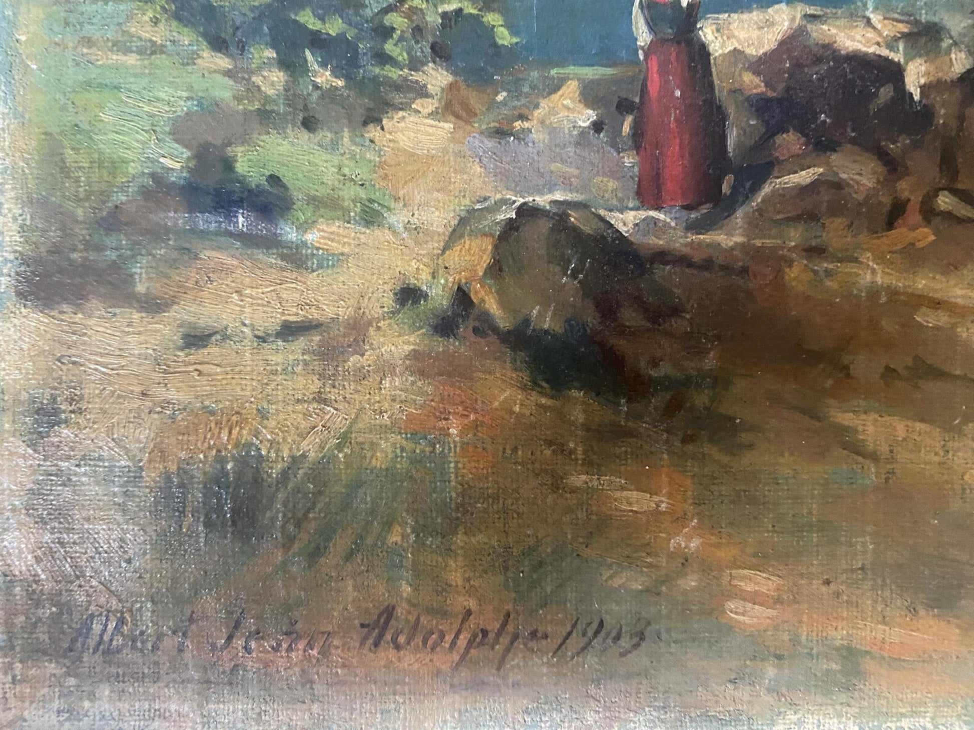 Vibrant red dress in impressionistic oil painting of mountain river by Albert Jean Adolphe