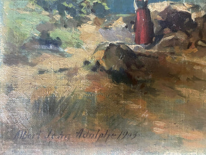 Vibrant red dress in impressionistic oil painting of mountain river by Albert Jean Adolphe