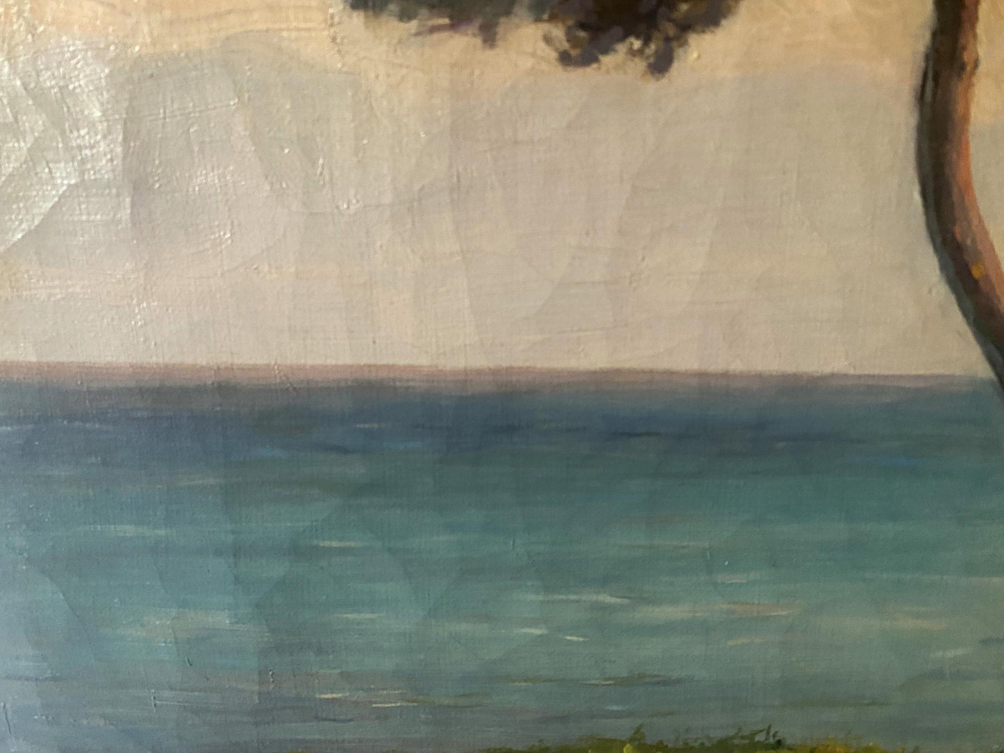Oil painting Holidays on sailboats Abattucci: serene ocean with tree silhouettes