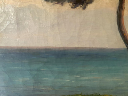 Oil painting Holidays on sailboats Abattucci: serene ocean with tree silhouettes