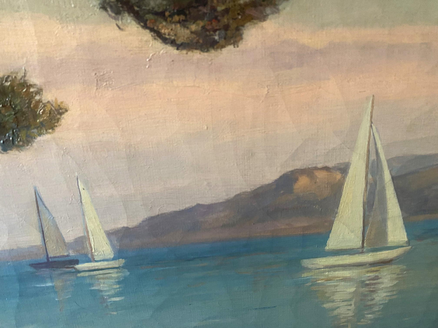 Serene Abattucci oil painting of sailboats on calm blue waters under pastel sky