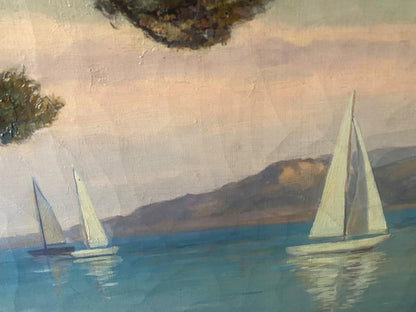Serene Abattucci oil painting of sailboats on calm blue waters under pastel sky