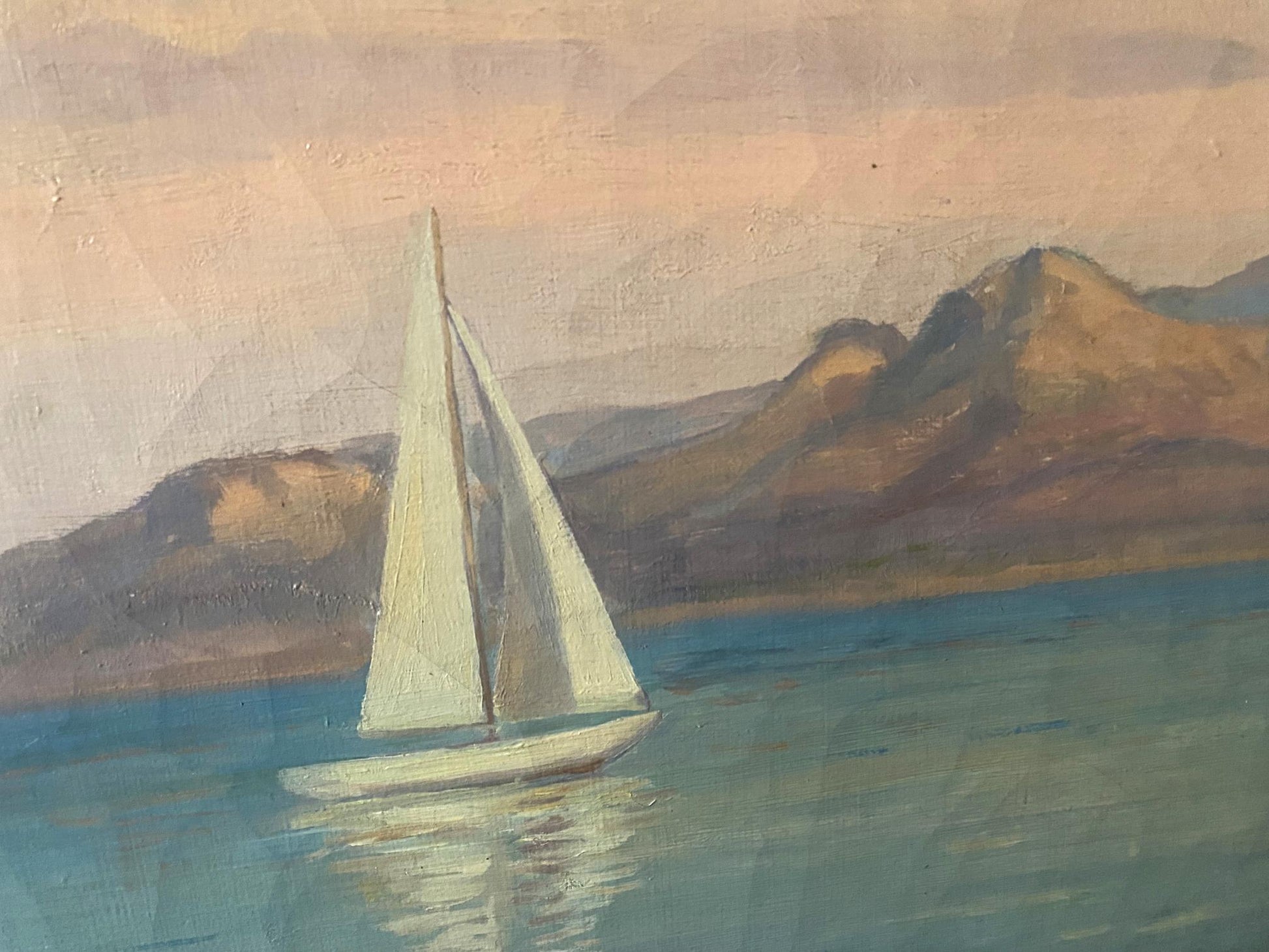 Oil painting Holidays on sailboats Abattucci: white sailboat on calm blue water