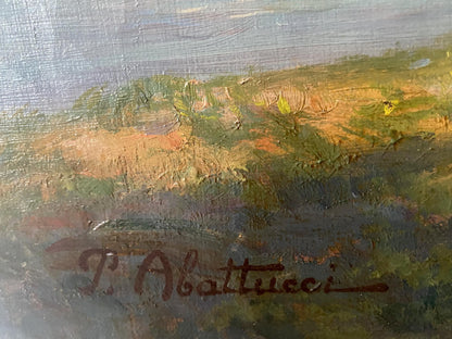 Textured oil painting of green ochre hills under blue sky by P, Abattucci Holidays on sailboats