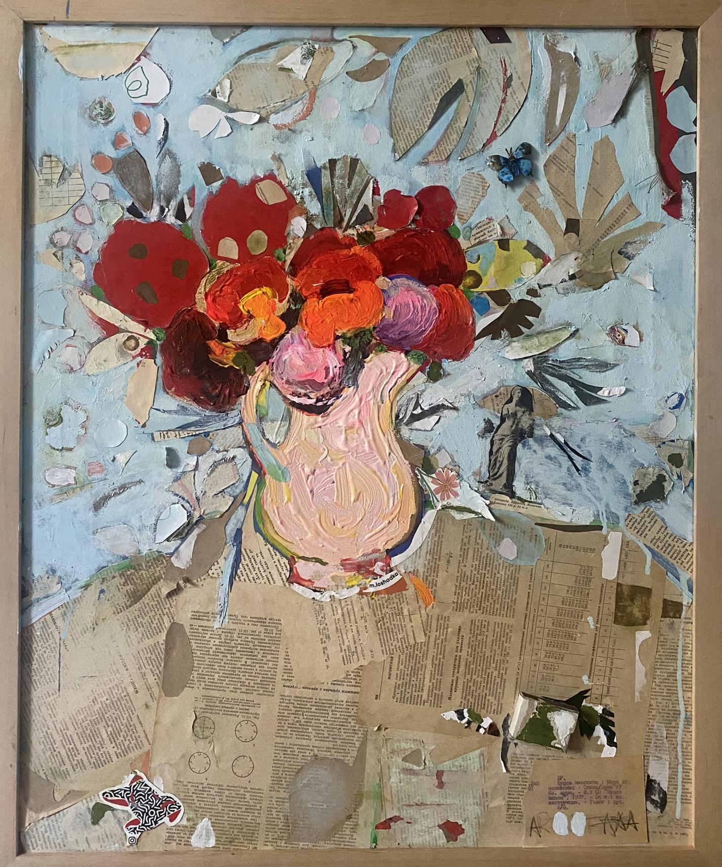 Oil painting by Samchuk Vasily Alexandrovich: pink vase with red orange flowers on newspaper collage