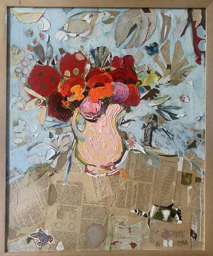 Oil painting by Samchuk Vasily Alexandrovich: pink vase with red orange flowers on newspaper collage