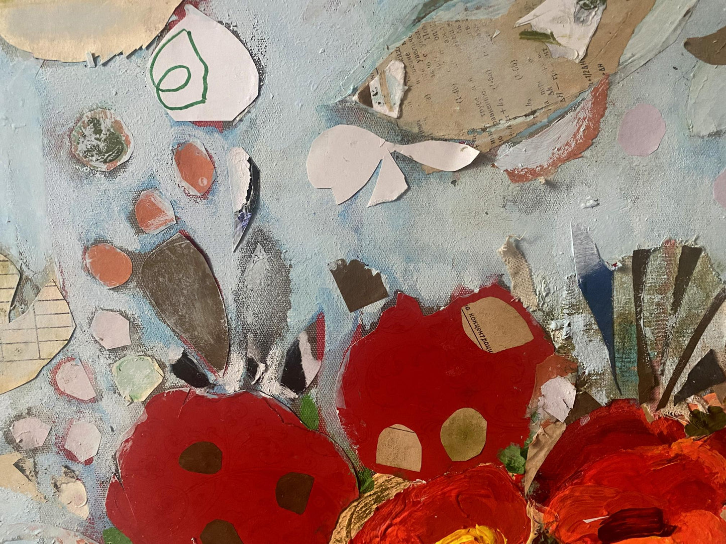 Oil painting of red poppies on textured blue newspaper by Samchuk Vasily Alexandrovich