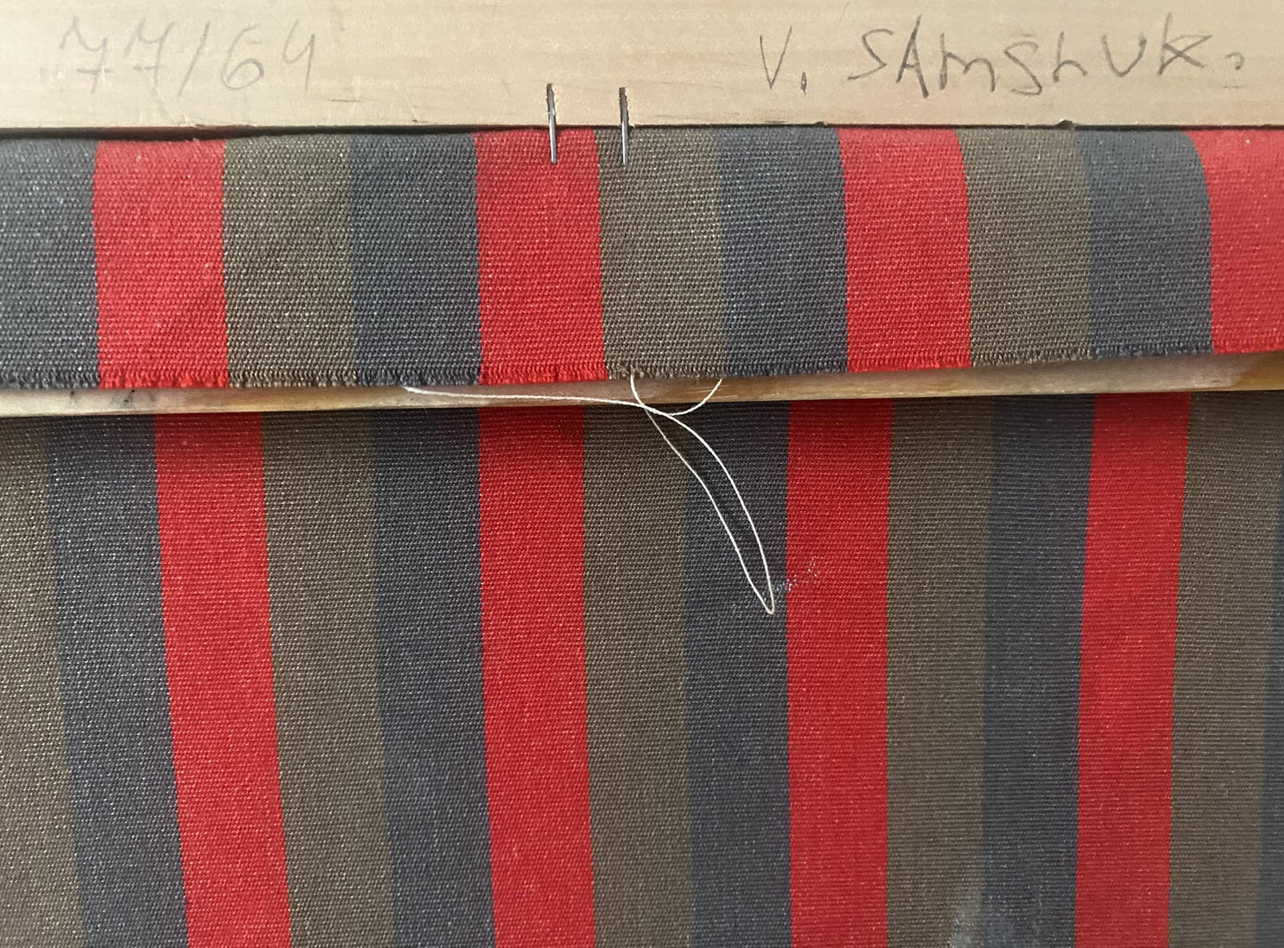 Red and dark gray striped fabric texture in Samchuk Vasily Alexandrovich oil painting