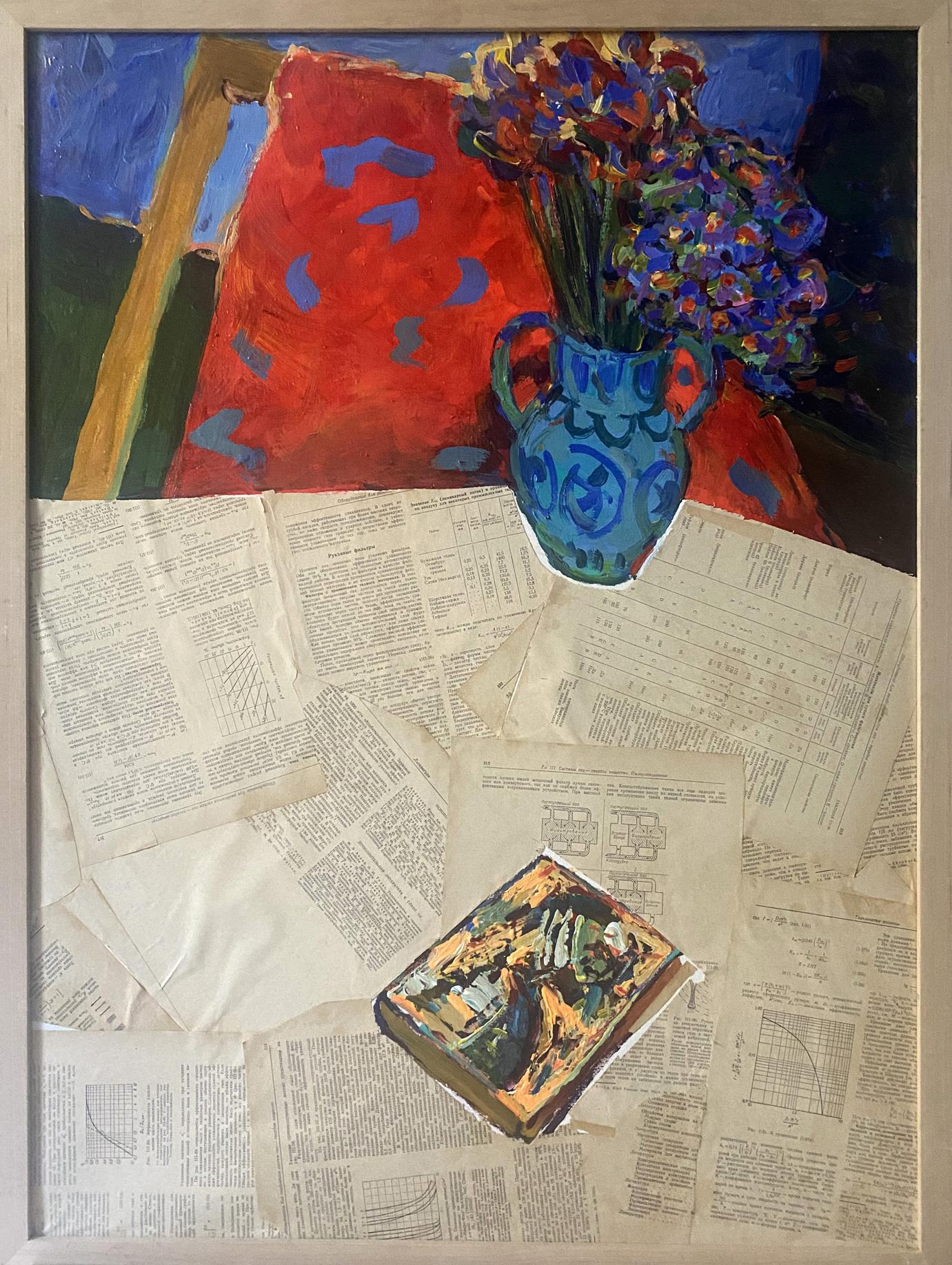 Oil painting of blue vase with flowers by Samchuk Vasily Alexandrovich