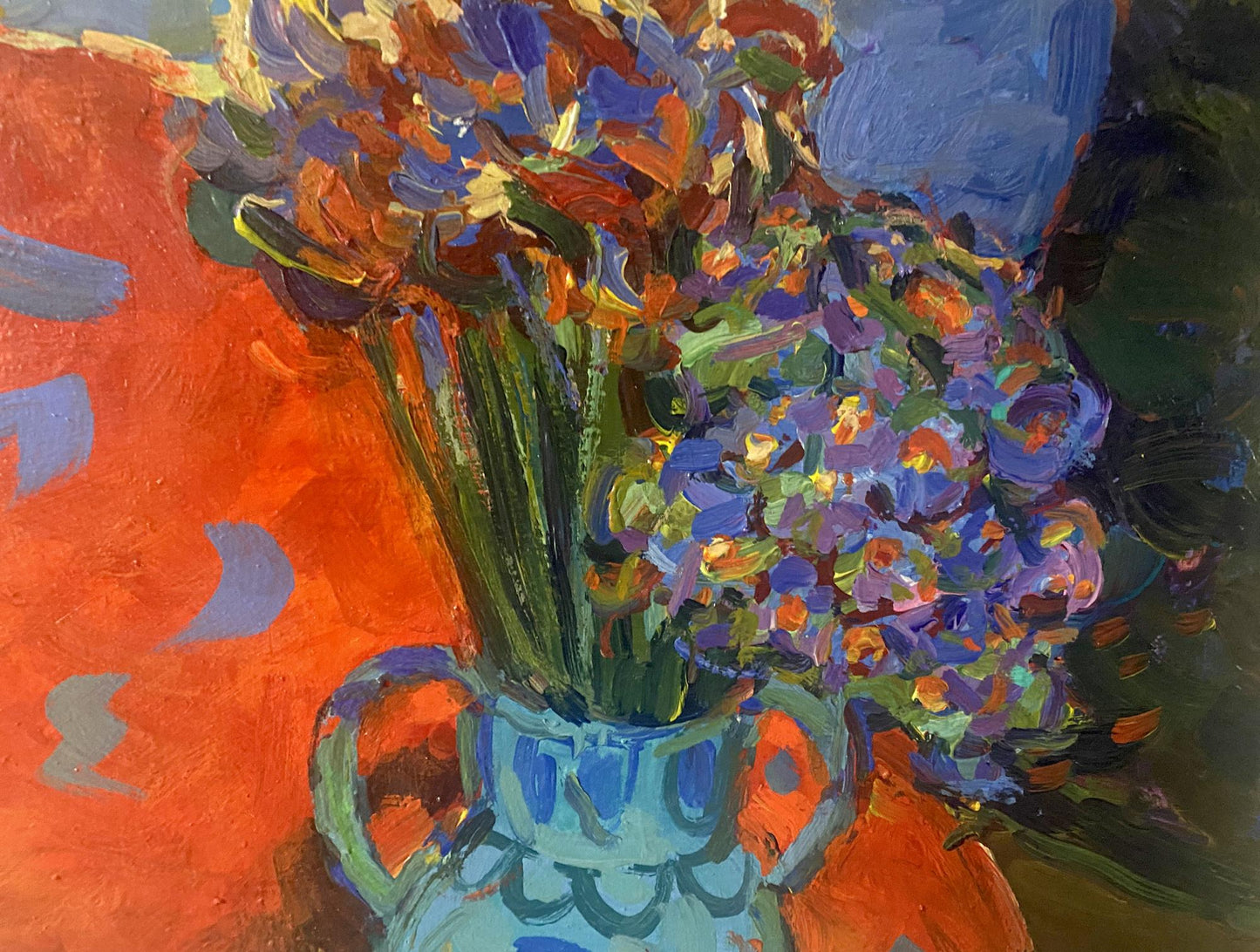Oil painting of blue vase with purple orange flowers by Samchuk Vasily Alexandrovich