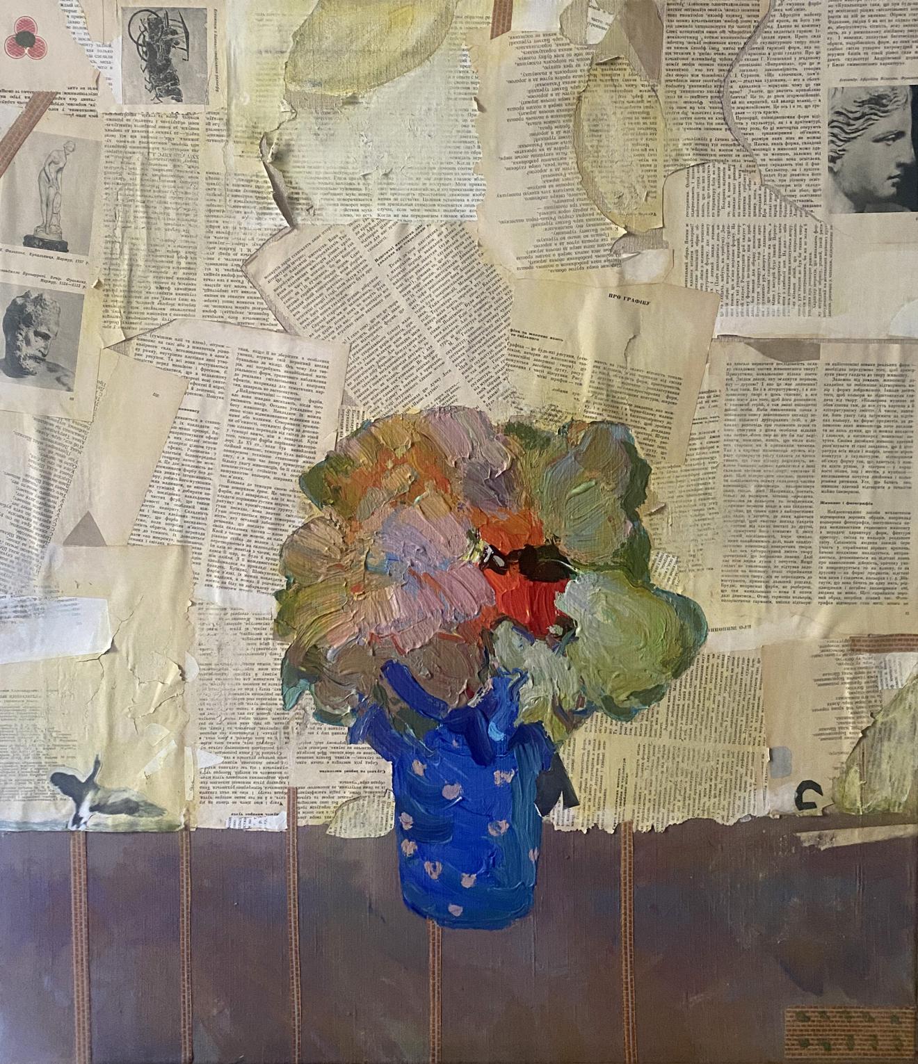 Vibrant impressionist oil painting of flowers in blue polka-dot vase by Samchuk Vasily Alexandrovich