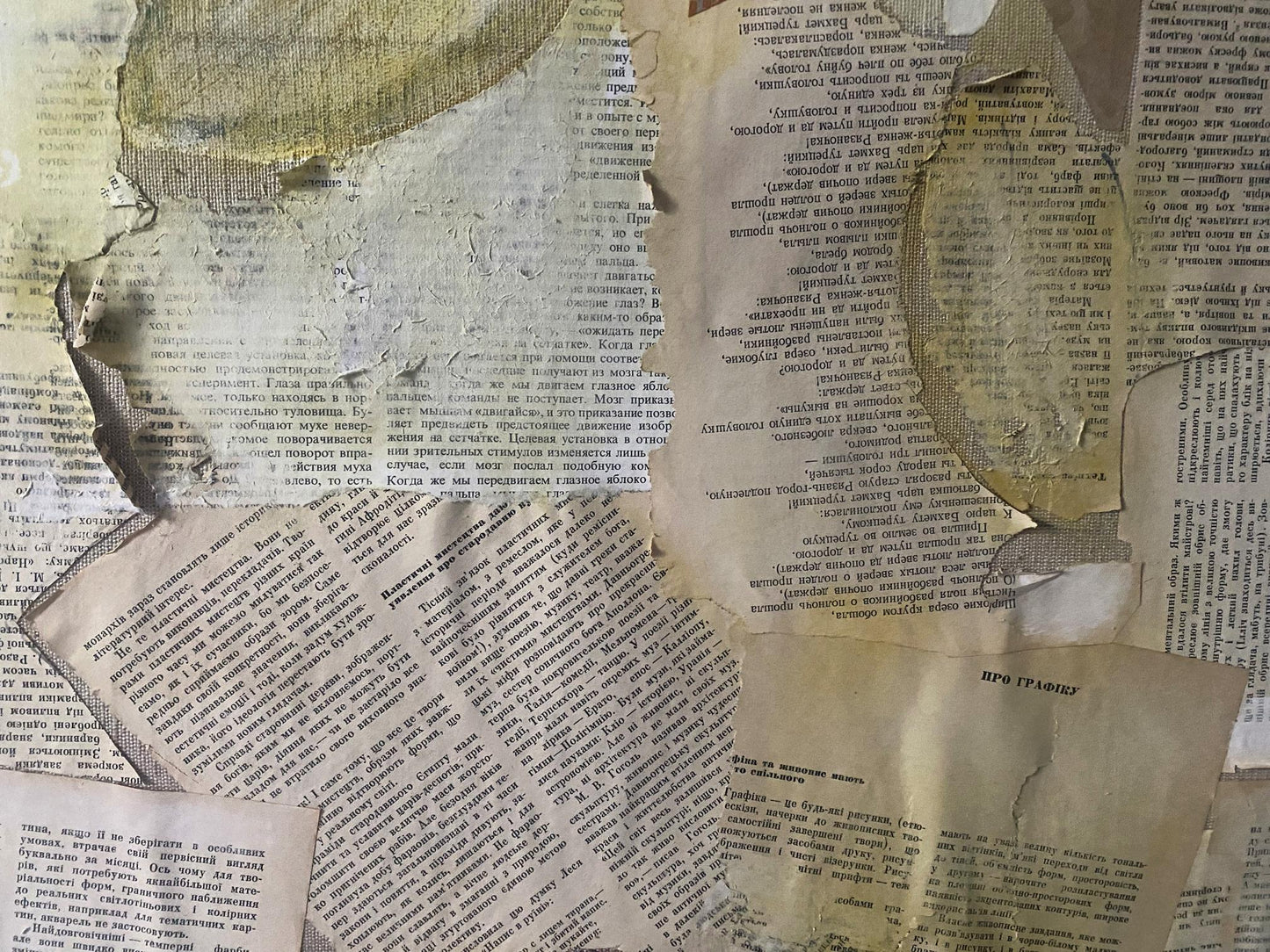 Torn aged newspaper back of oil painting Flowers in a blue vase by Samchuk Vasily Alexandrovich