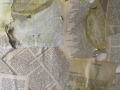 Torn aged newspaper back of oil painting Flowers in a blue vase by Samchuk Vasily Alexandrovich