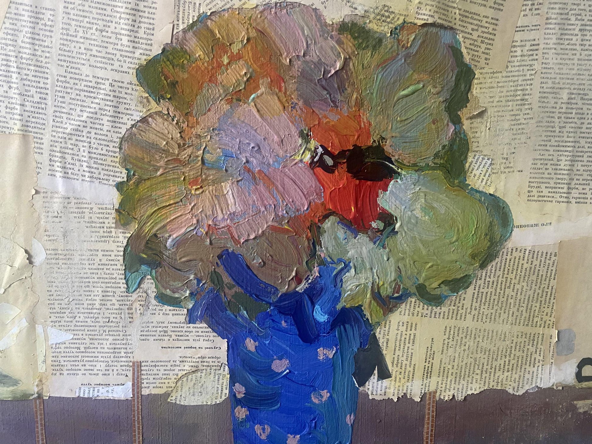 Vibrant oil painting of flowers in blue vase by Samchuk Vasily Alexandrovich