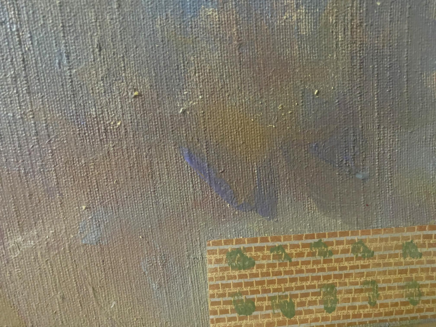 Oil painting of flowers in blue vase by Samchuk Vasily Alexandrovich on textured orange green brick canvas