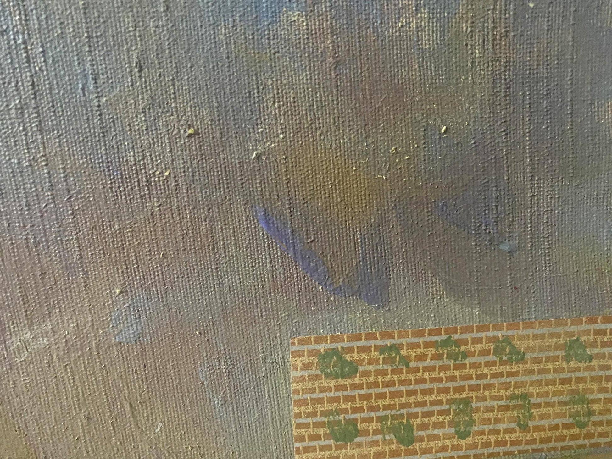 Oil painting of flowers in blue vase by Samchuk Vasily Alexandrovich on textured orange green brick canvas