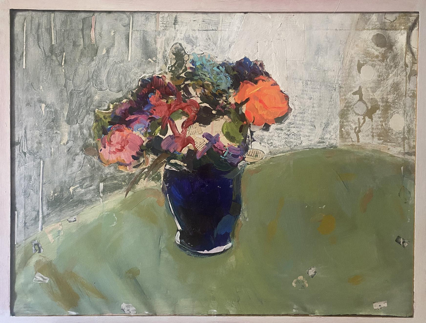 Oil painting of vibrant mixed flowers in blue vase by Samchuk Vasily Alexandrovich