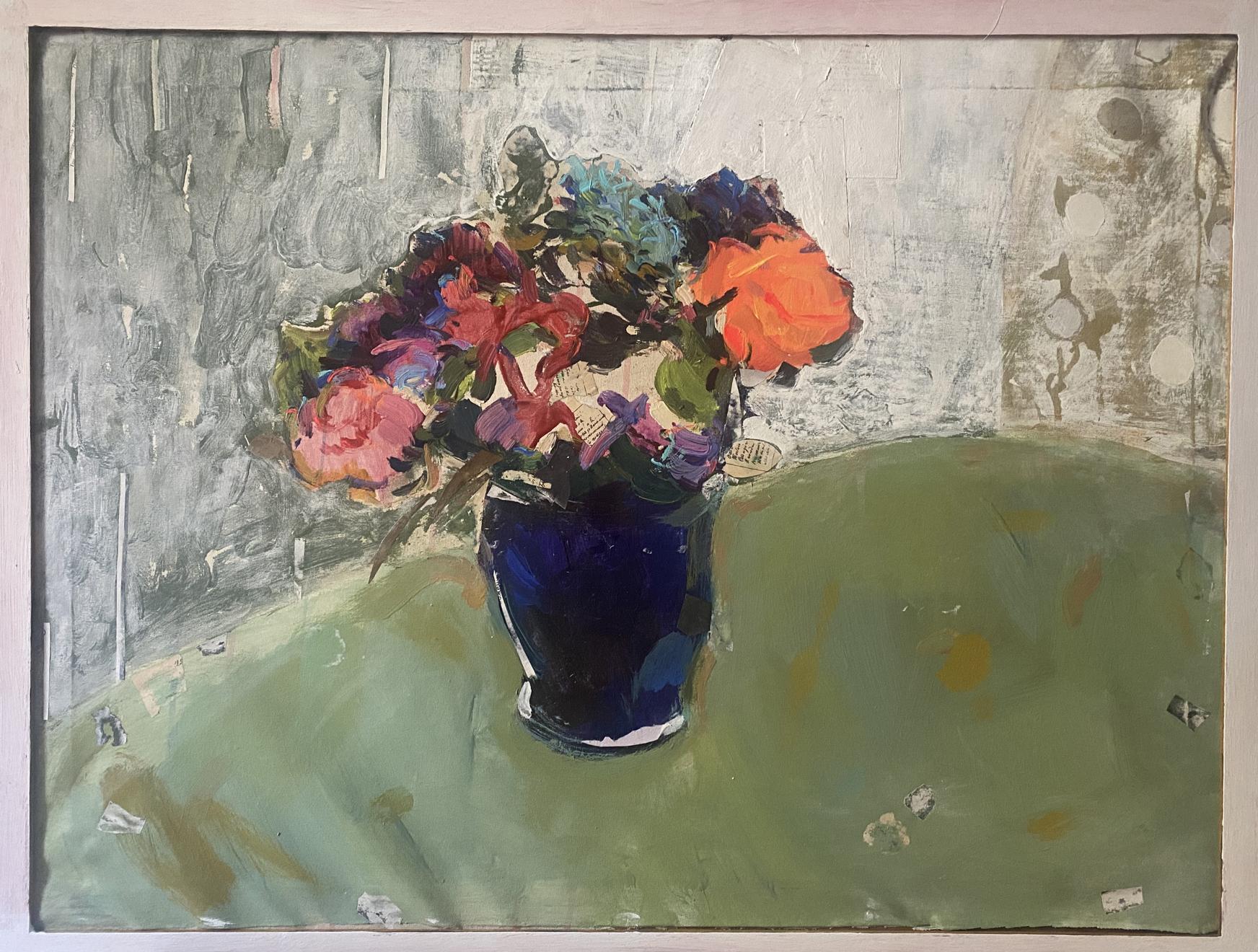 Oil painting of vibrant mixed flowers in blue vase by Samchuk Vasily Alexandrovich