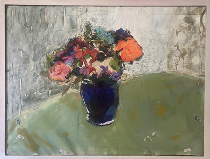 Oil painting of vibrant mixed flowers in blue vase by Samchuk Vasily Alexandrovich