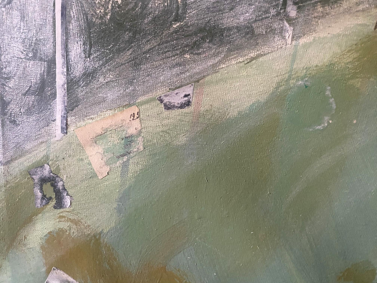 Textured back of Oil painting Flowers on the table by Samchuk Vasily Alexandrovich, muted green gray tones, peeling paint
