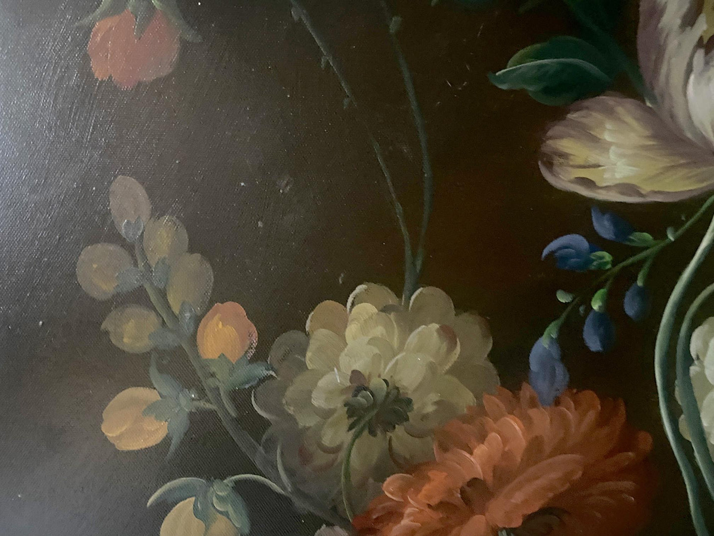 Oil painting Wildflowers Montana: close-up of soft cream, orange, blue flowers