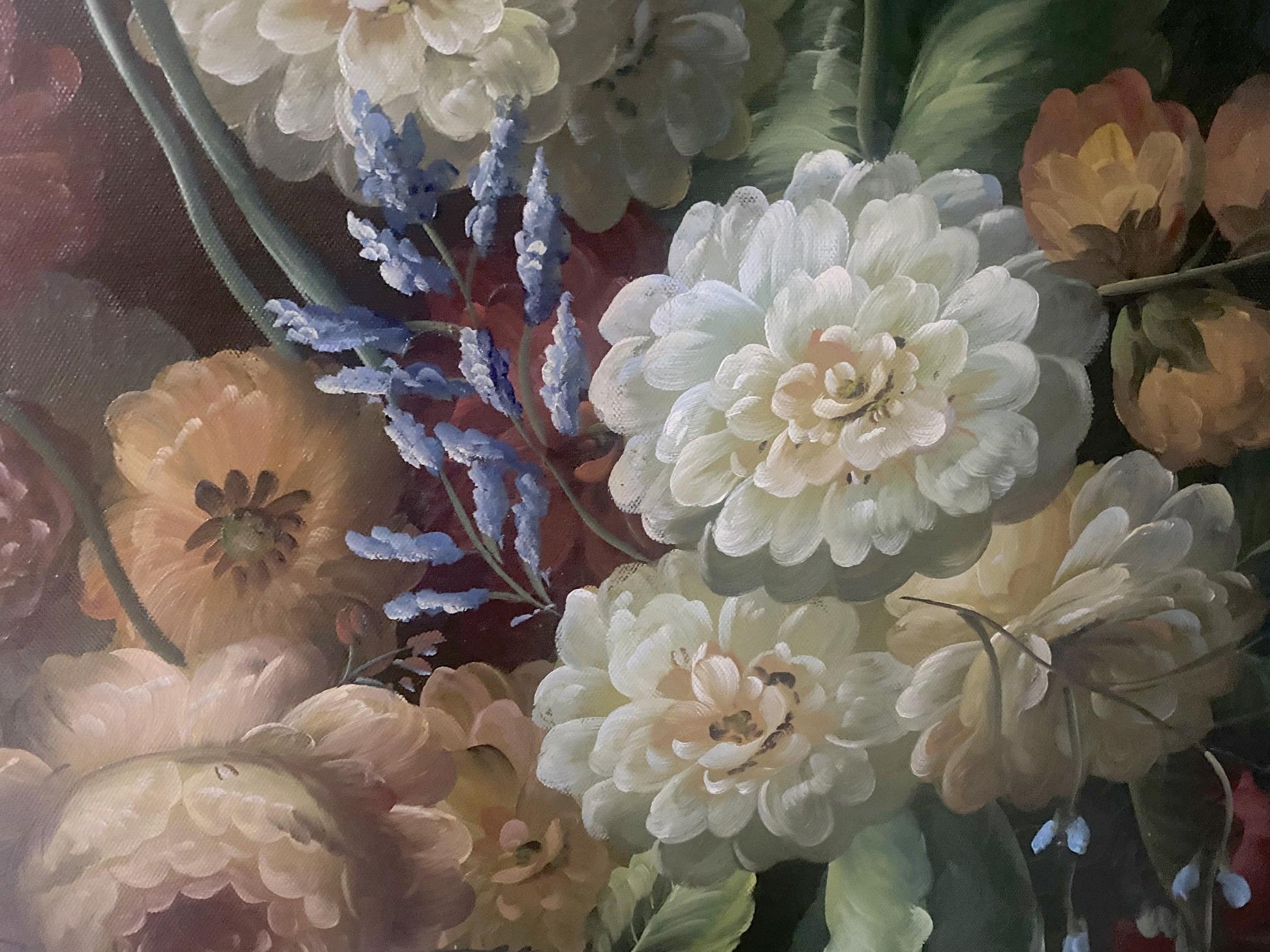 Oil painting Wildflowers Montana: lush white cream flowers, blue sprigs, orange blossoms