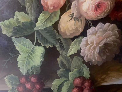 Oil painting of pink white roses grapes on Wildflowers Montana canvas