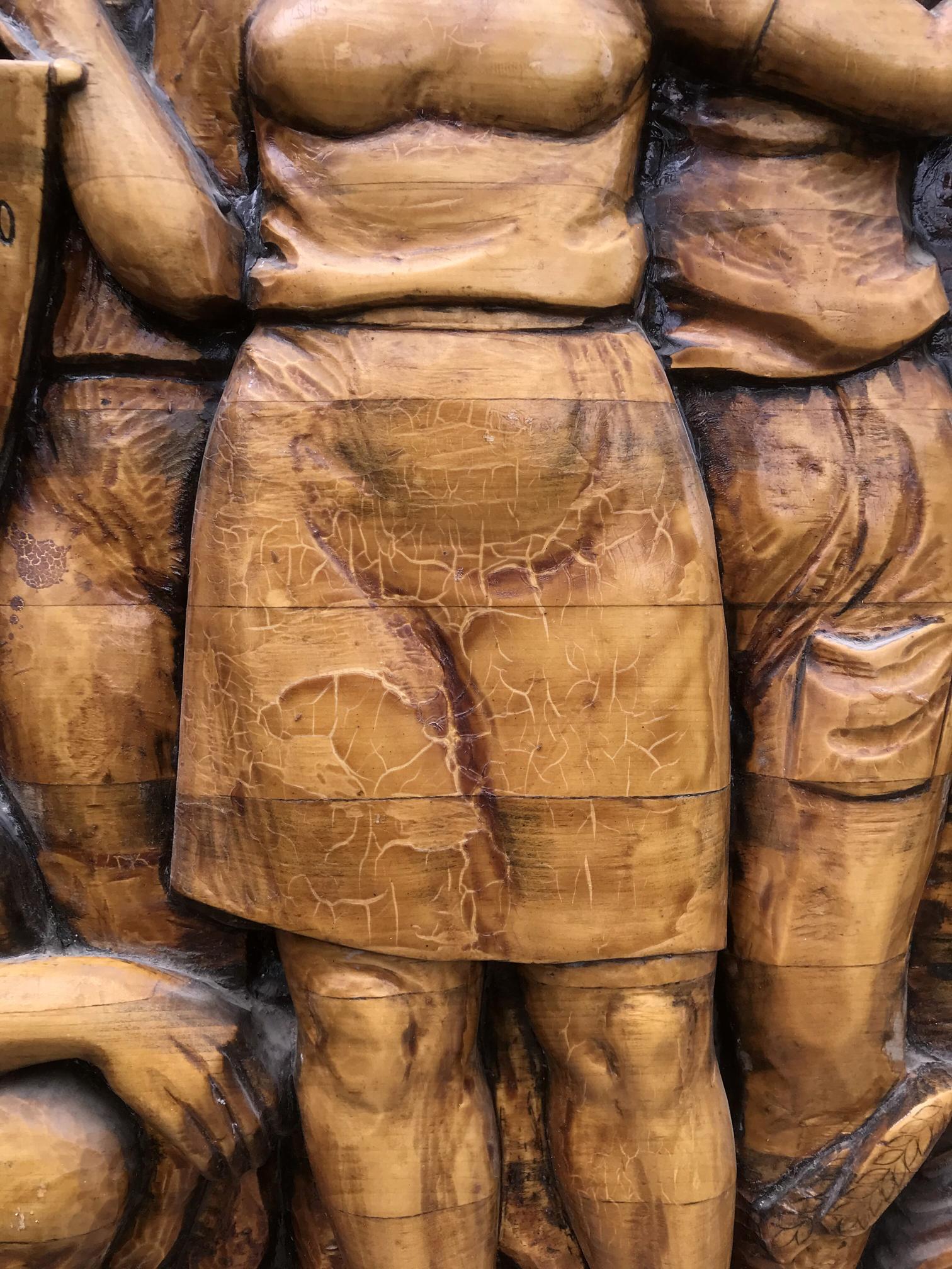 Detailed wooden Social realism Communist Labor Brigade sculpture with skirt, grain, cracks