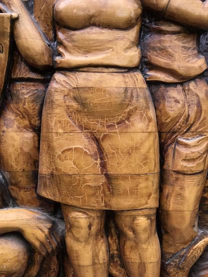Detailed wooden Social realism Communist Labor Brigade sculpture with skirt, grain, cracks