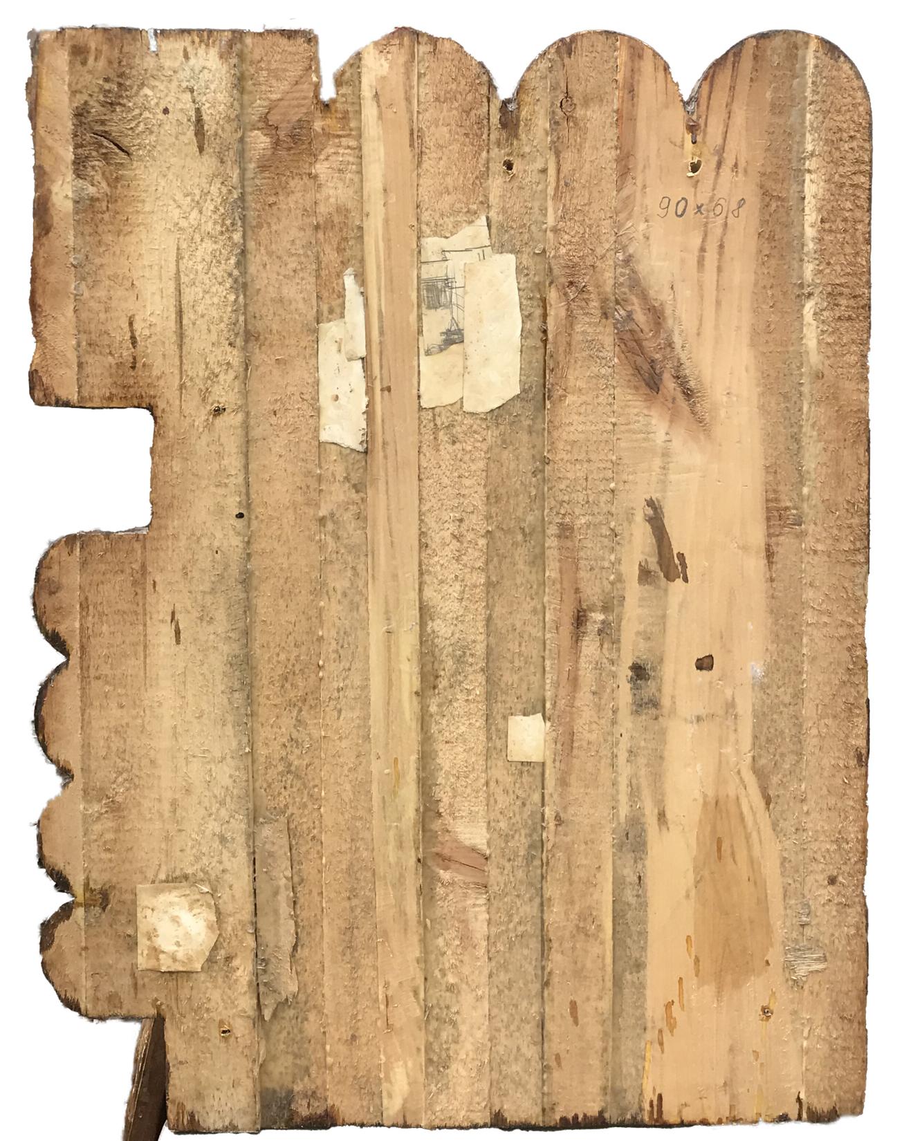 Weathered wooden fence panel with scalloped edges in social realism style