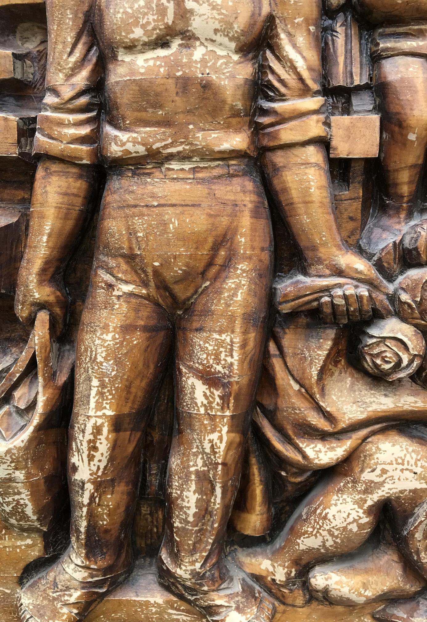 Bronze weathered relief of muscular worker in Social realism family respect sculpture