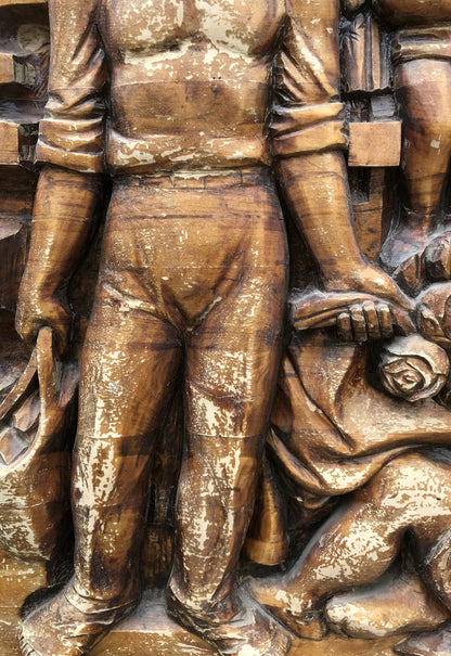 Bronze weathered relief of muscular worker in Social realism family respect sculpture