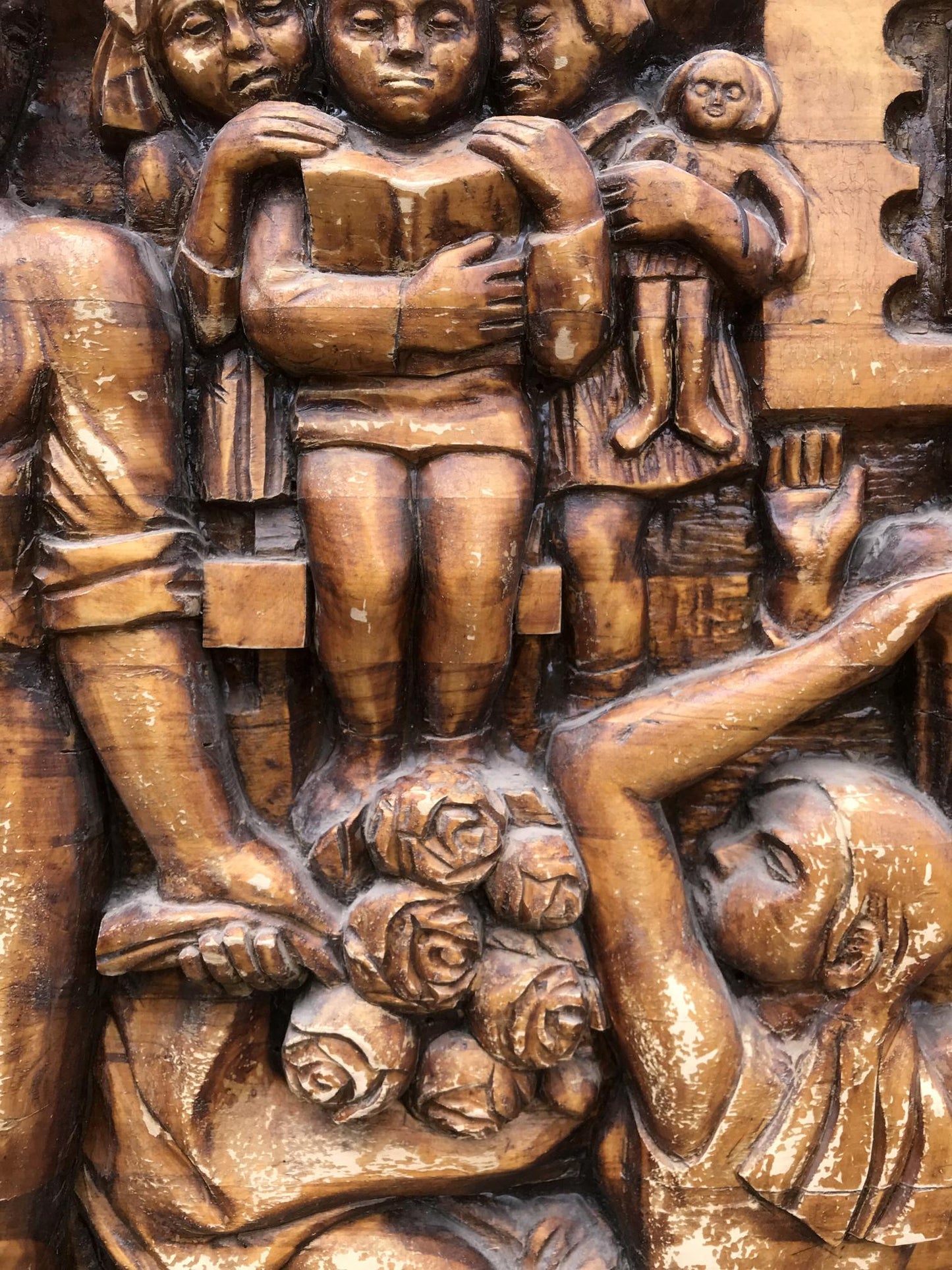 Bronze wooden relief of child with book in Social realism family respect sculpture