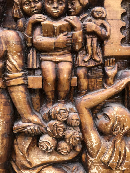 Bronze wooden relief of child with book in Social realism family respect sculpture
