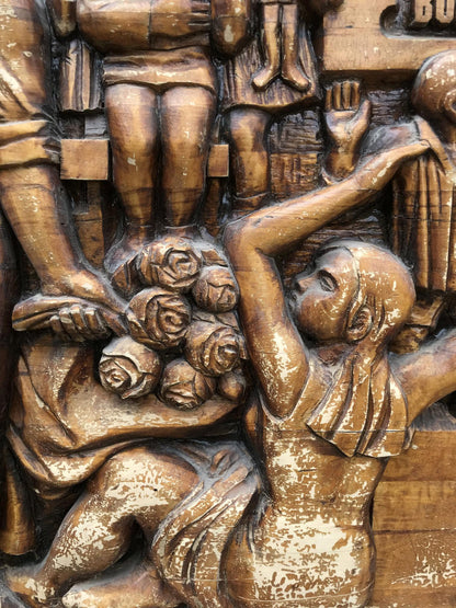 Bronze wooden relief of child with roses bouquet, Social realism family respect
