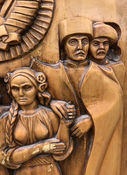 Detailed wooden USSR social realism carving of friendship and brotherhood