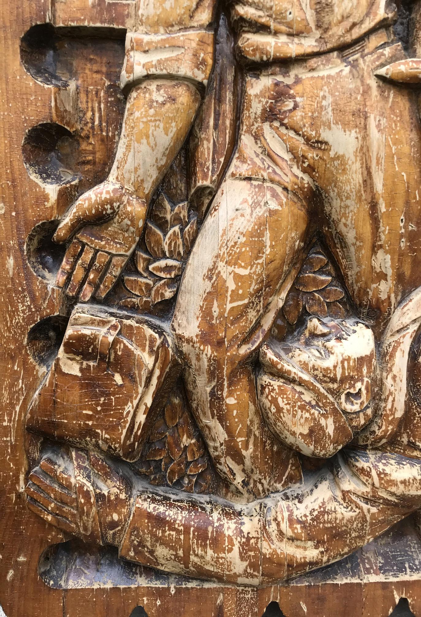 Weathered wooden relief in social realism style, rustic brown figure