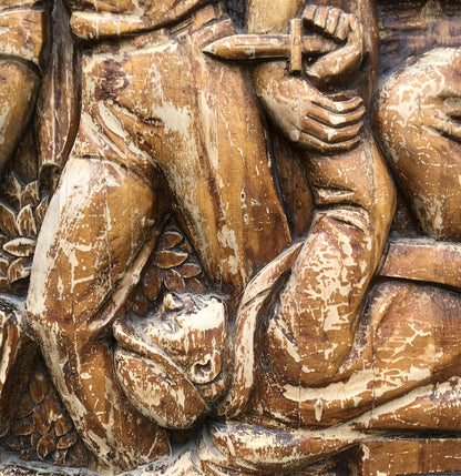 Weathered wooden warrior relief in social realism style, brown tones