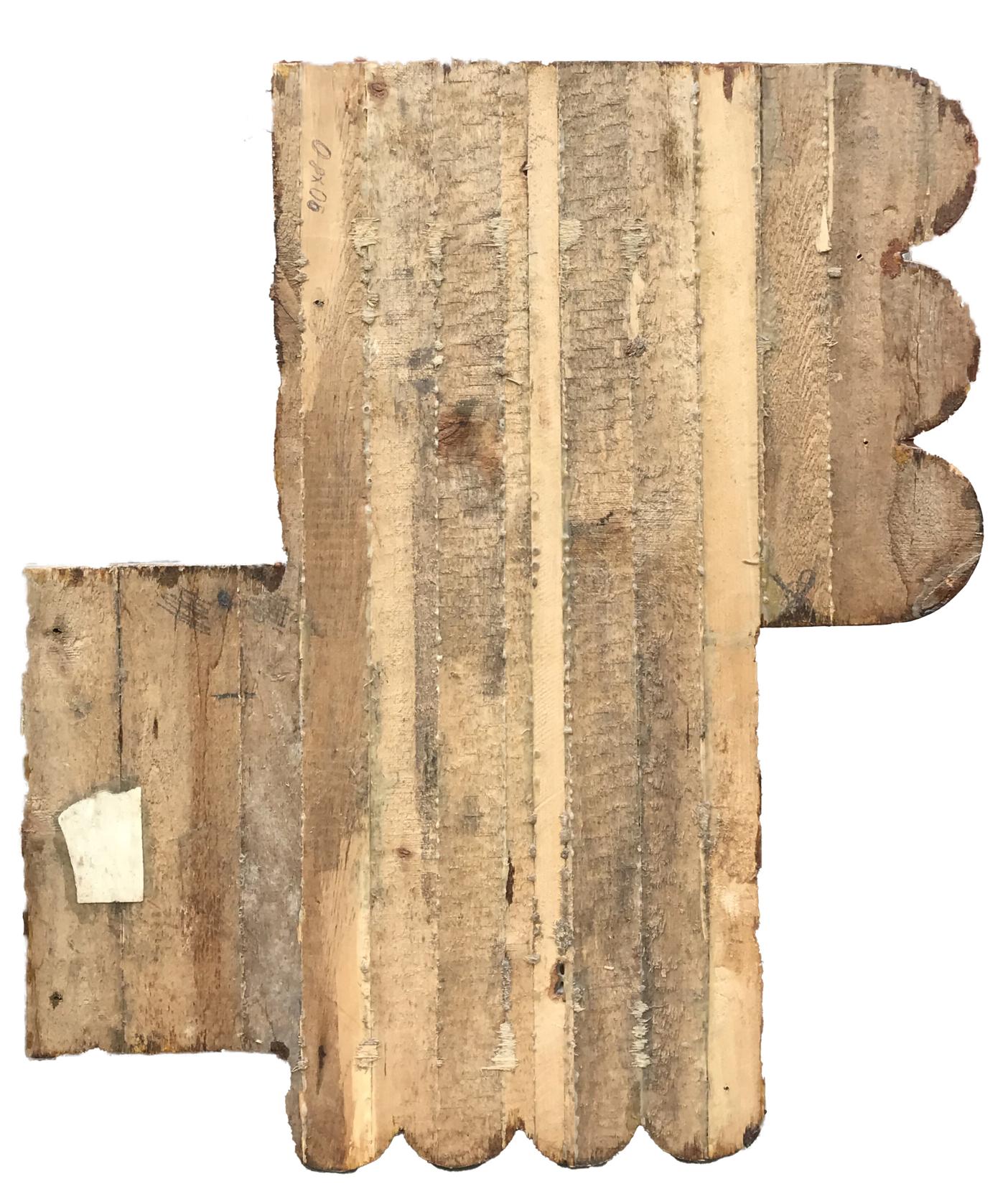 Weathered wooden panel with scalloped edges in social realism style