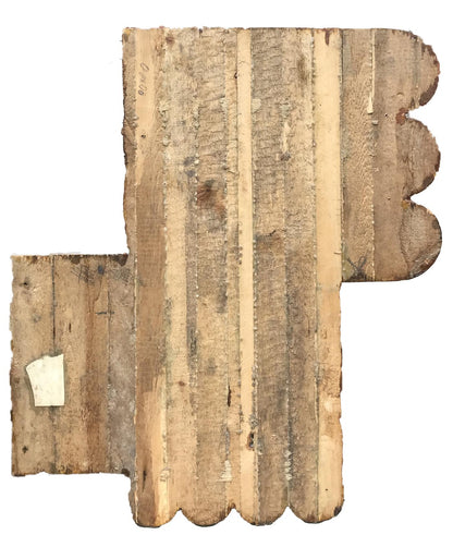 Weathered wooden panel with scalloped edges in social realism style