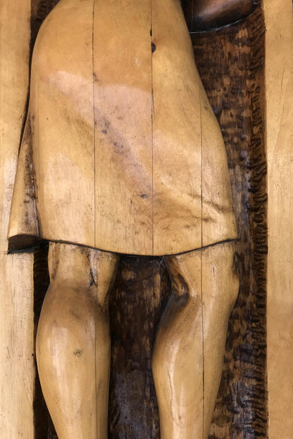 Hand-carved wooden social realism sculpture on nature protection law