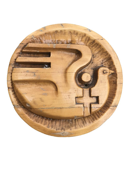 Social realism dove of peace: circular wooden bird carving with wings and cross