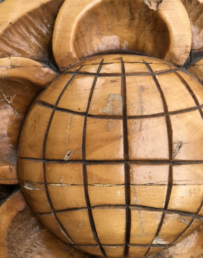 Hand-carved wooden turtle with globe shell in social realism science design