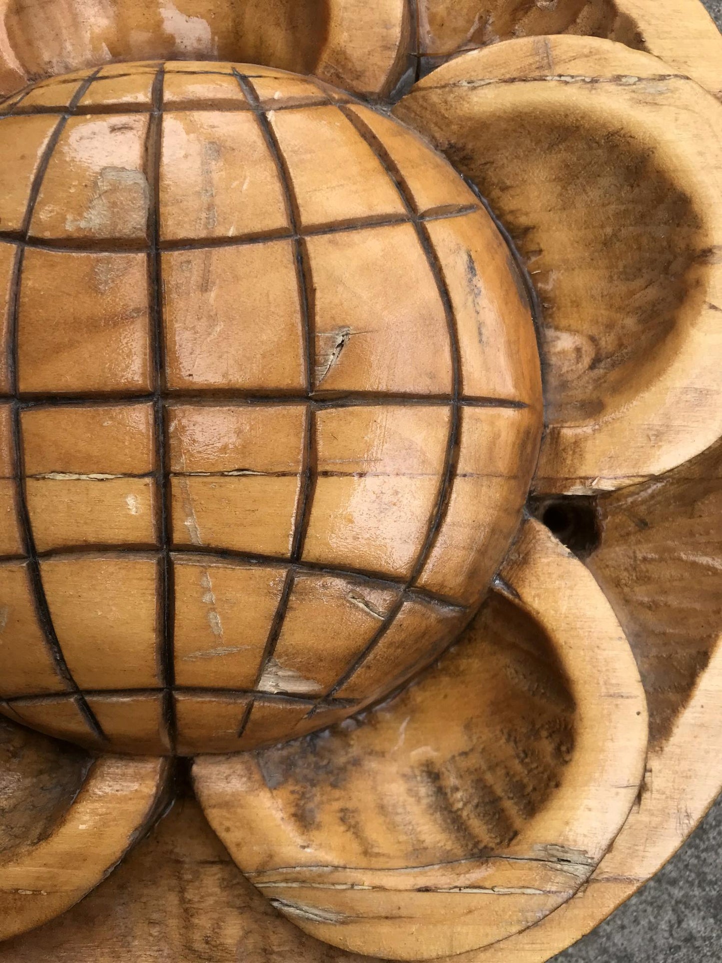 Hand-carved lotus flower wooden bowl with grid-patterned sphere