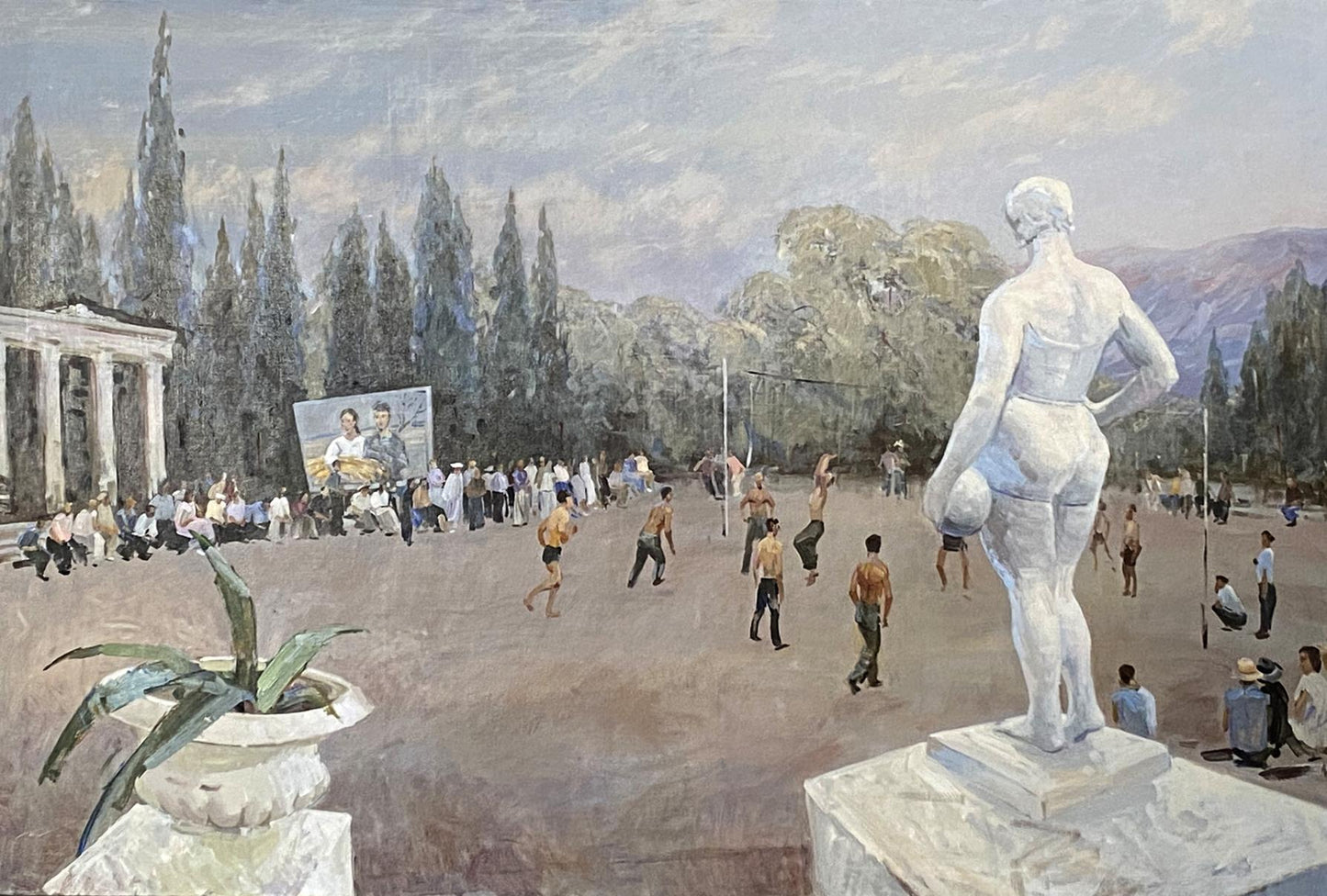 Oil painting of nude male marble statue with ball in Alushta city plaza