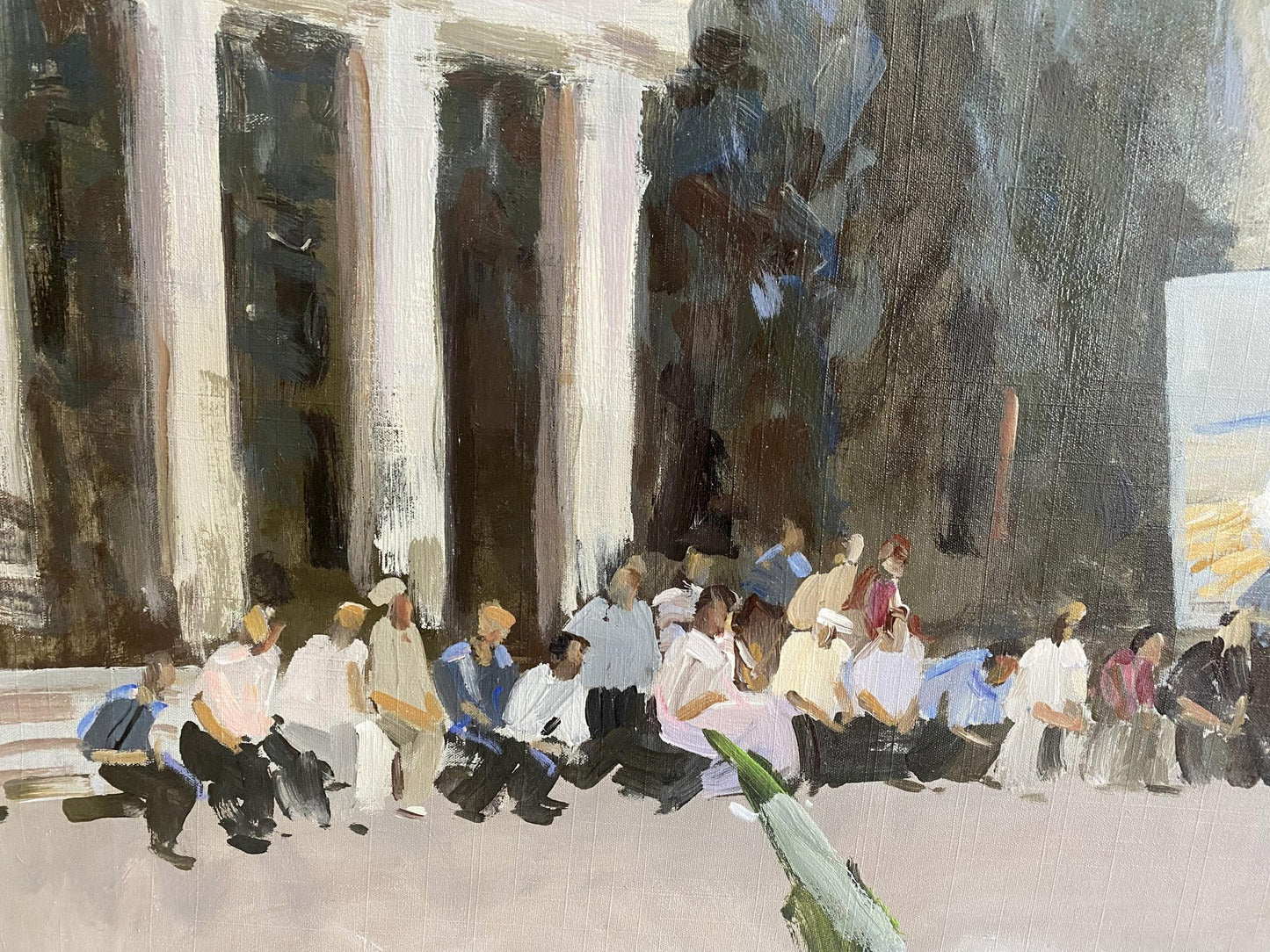 Oil painting of Alushta city: people on steps under classical columns, unknown artist