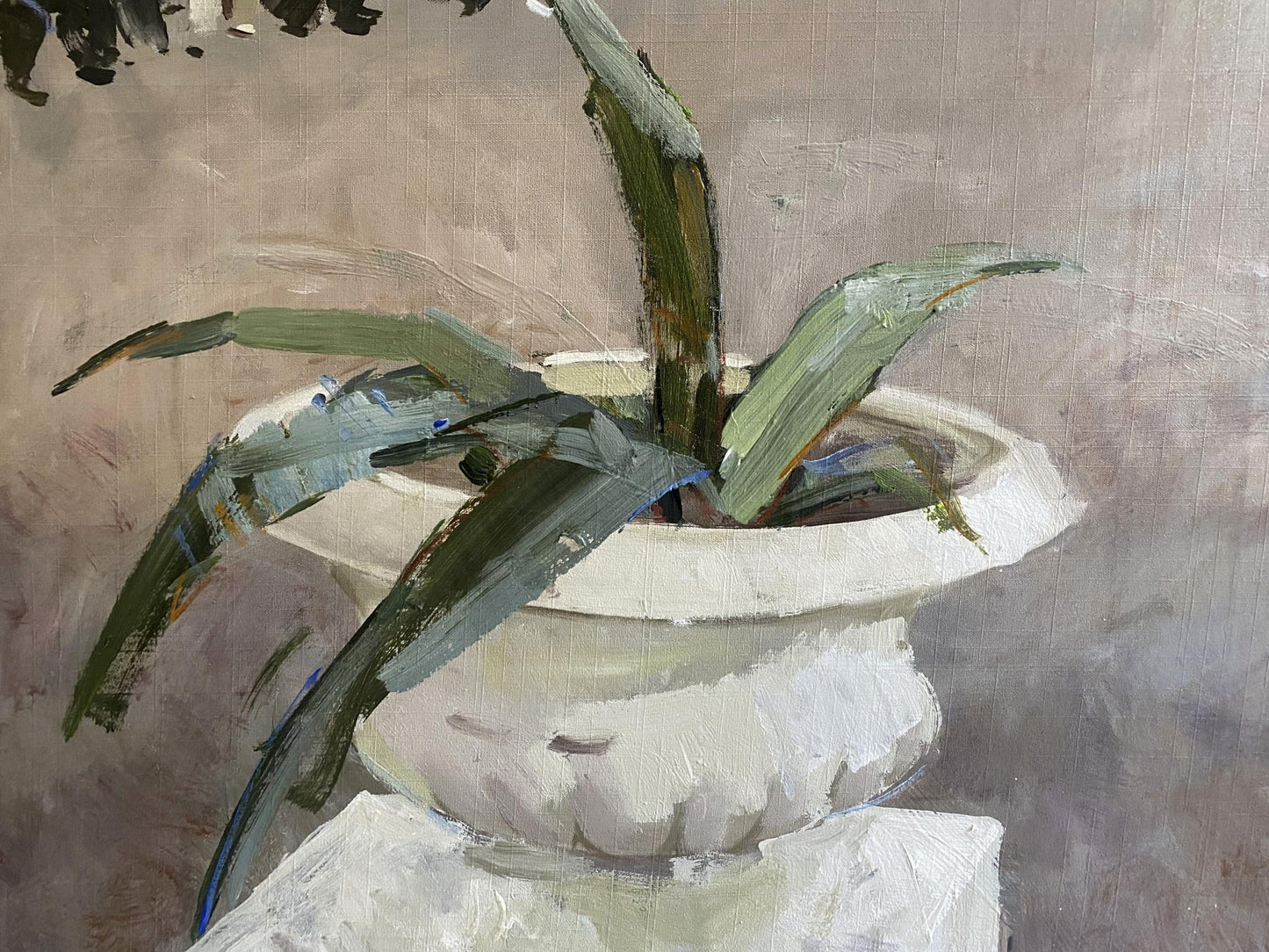 White ceramic planter with green leaves in Oil painting Alushta city